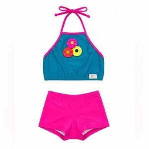 Girls Teal & Hot Pink Floral Halter Bikini Set